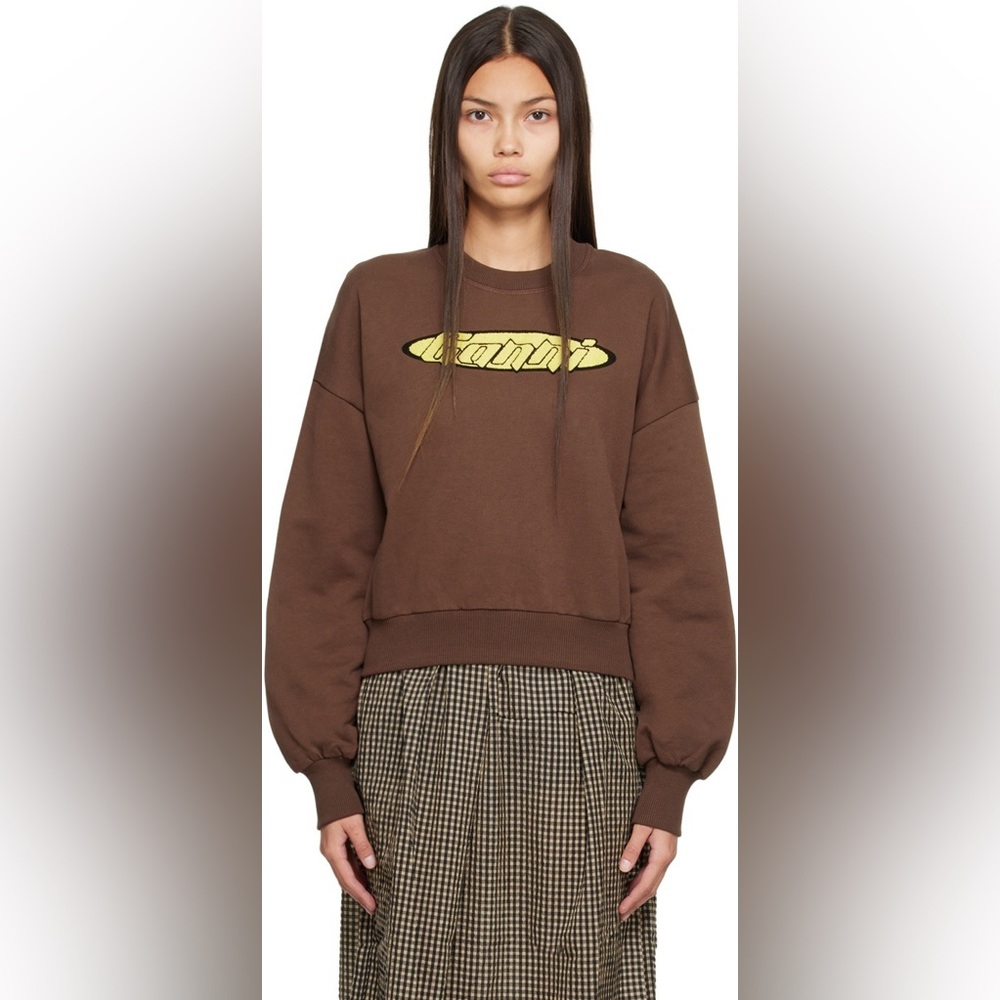 GANNI Brown Artwork Sweatshirt Cropped Crewneck Size XXS‎